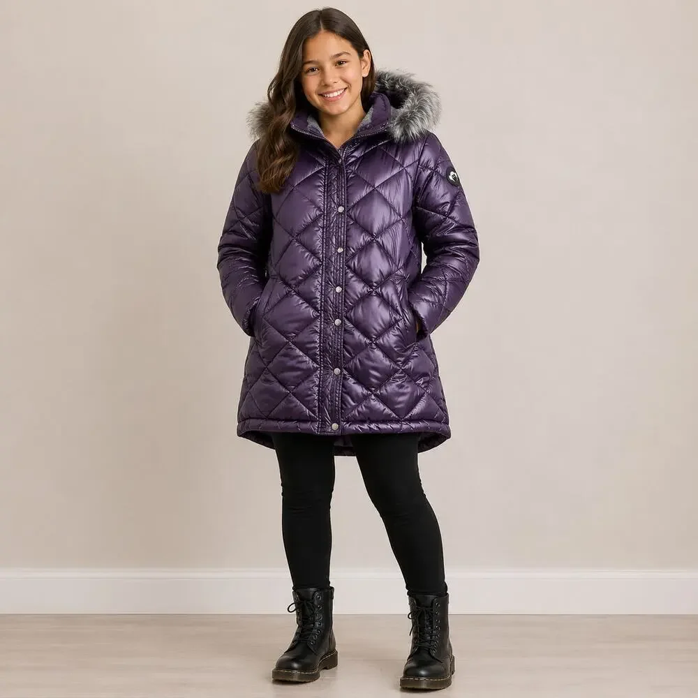 Appaman Girls 14 Purple Quilted Sloan Puffer Coat Faux Fur Hood Winter Jacket